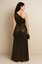 One-Shoulder Pleated Metallic Maxi Dress