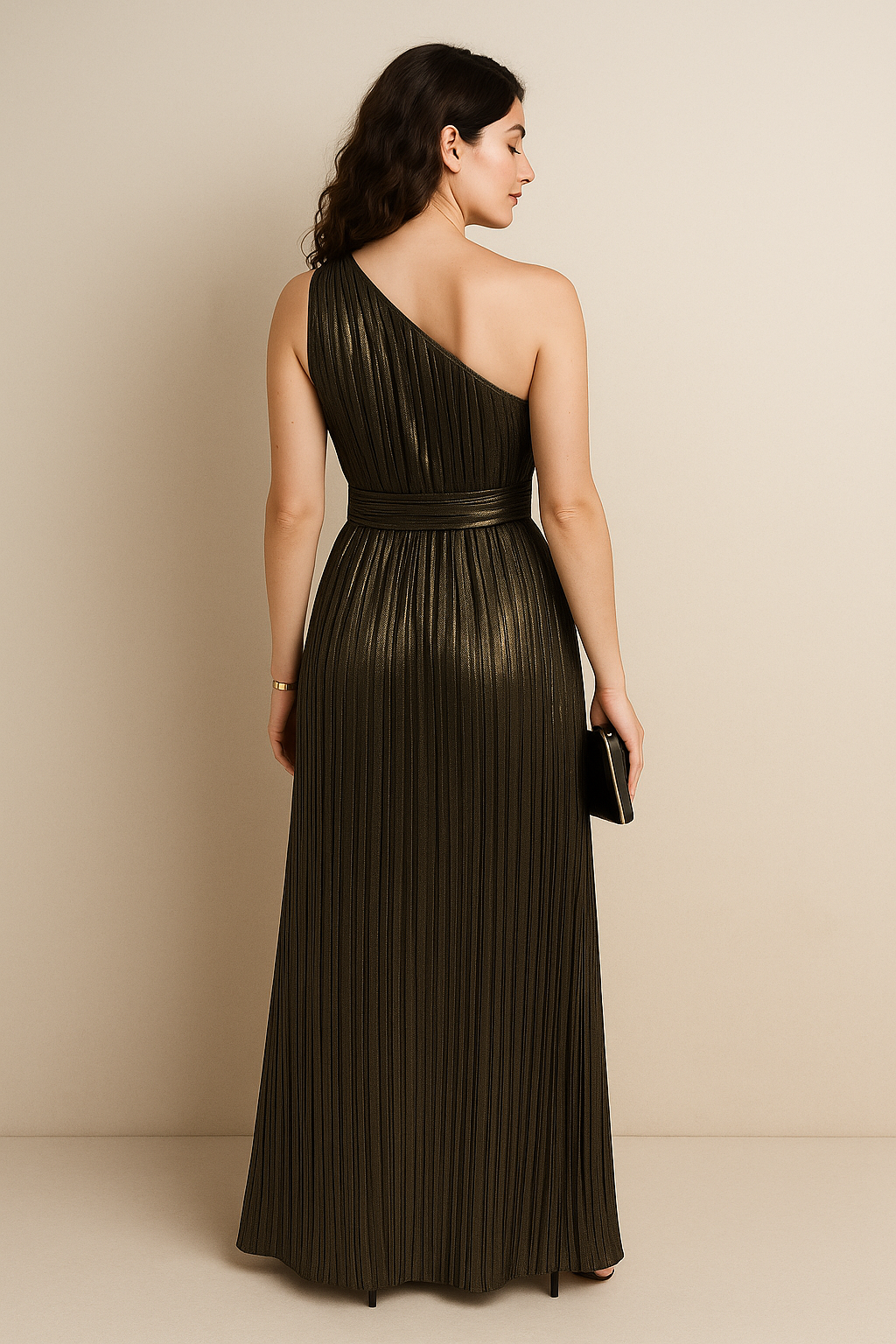 One-Shoulder Pleated Metallic Maxi Dress