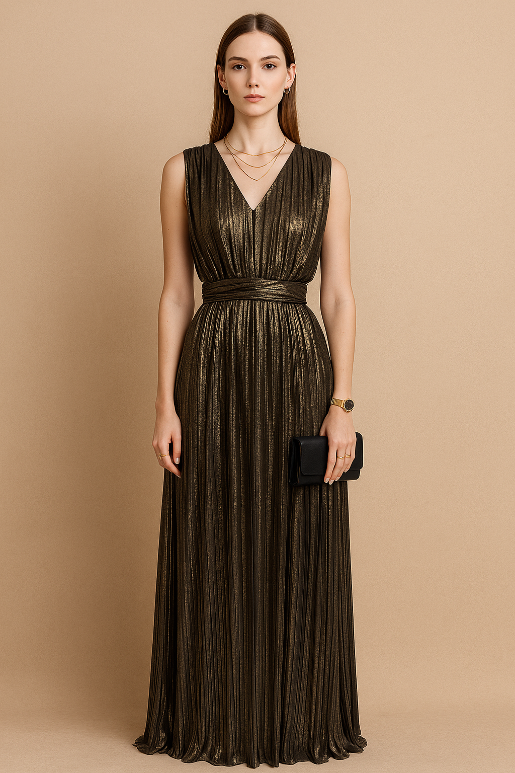 Sleeveless Pleated V-Neck Metallic Maxi Dress