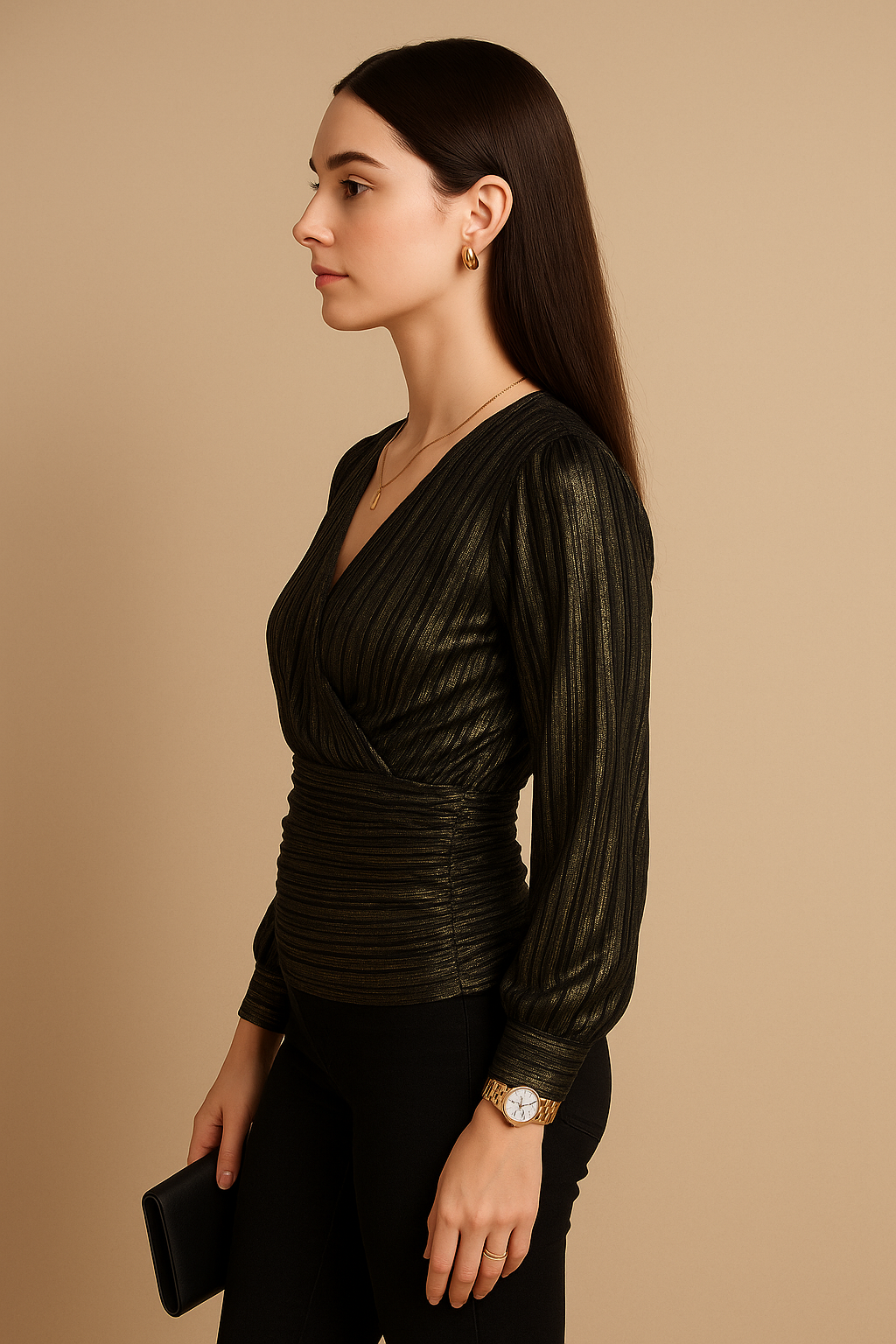 Metallic Long Sleeve Wrap Pleated Top
