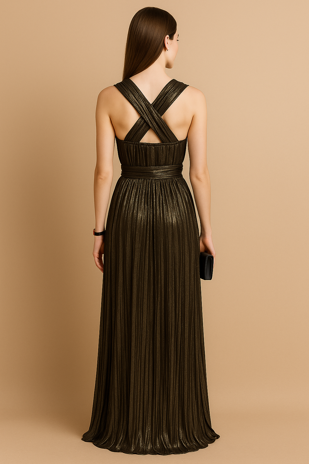 Sleeveless Pleated V-Neck Metallic Maxi Dress