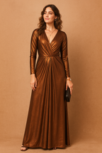 Shimmering Long Sleeve Wrap Maxi Gown