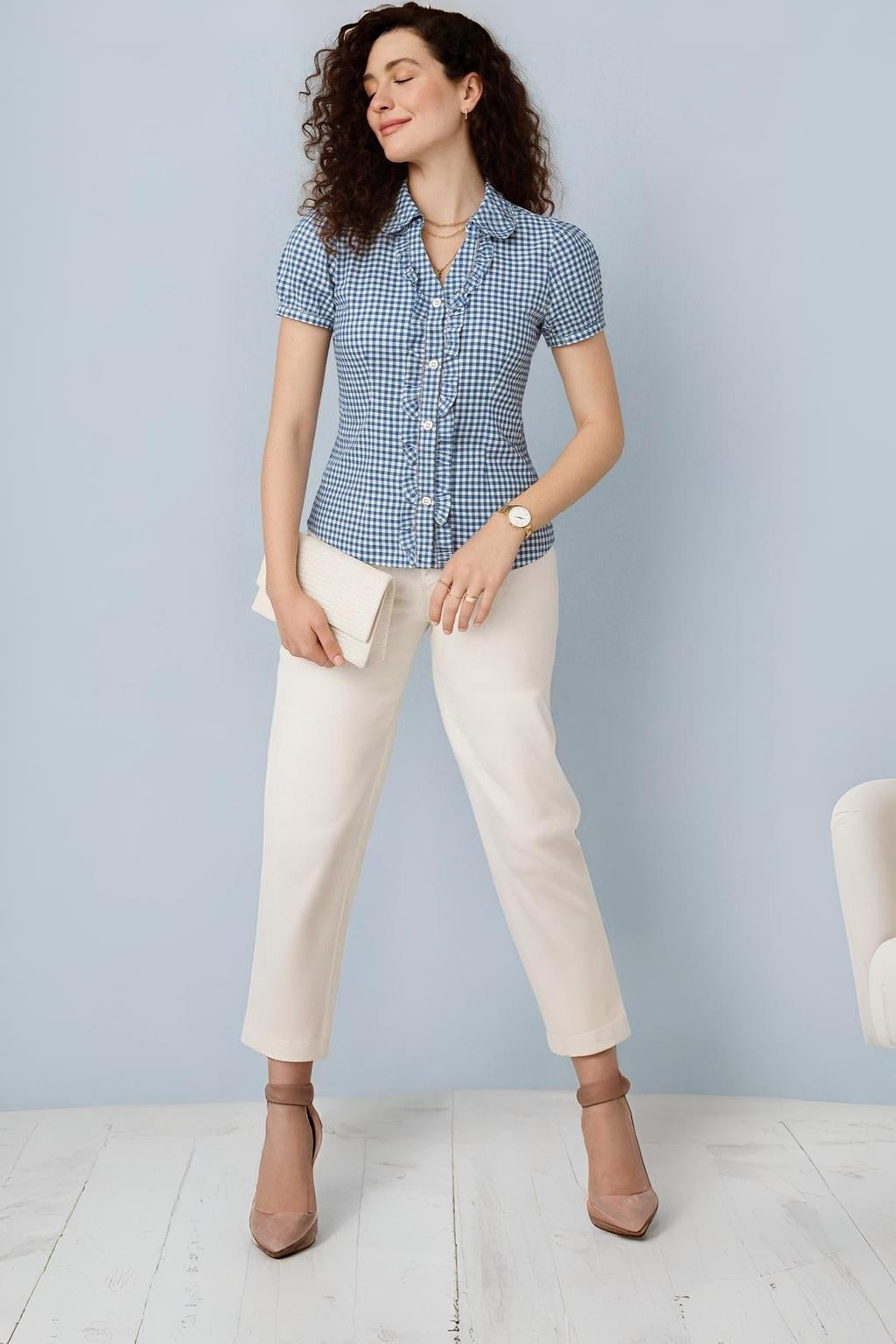Gingham Button-Down Fitted Blouse with Short Sleeves