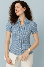 Gingham Button-Down Fitted Blouse with Short Sleeves