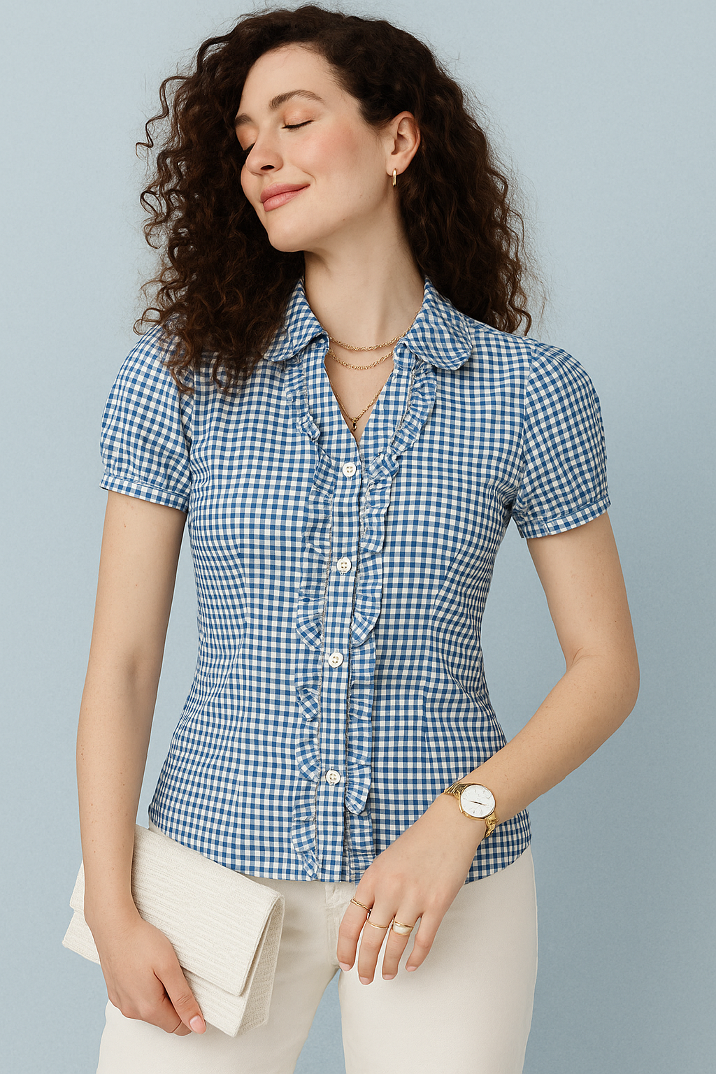 Gingham Button-Down Fitted Blouse with Short Sleeves