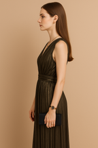 Sleeveless Pleated V-Neck Metallic Maxi Dress