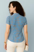 Gingham Button-Down Fitted Blouse with Short Sleeves