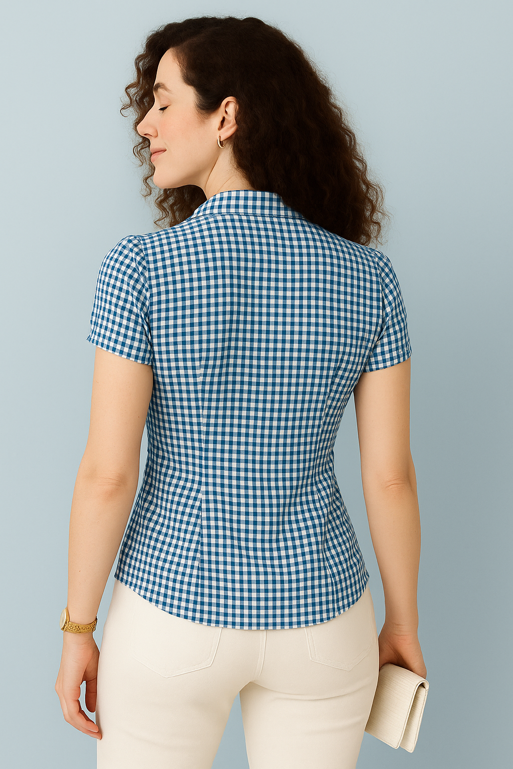 Gingham Button-Down Fitted Blouse with Short Sleeves