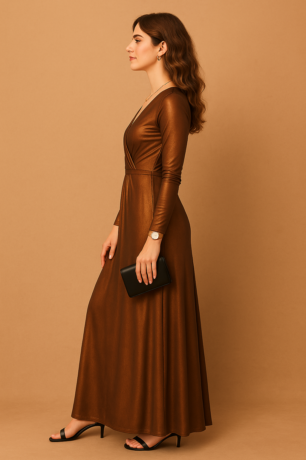 Shimmering Long Sleeve Wrap Maxi Gown