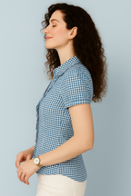 Gingham Button-Down Fitted Blouse with Short Sleeves