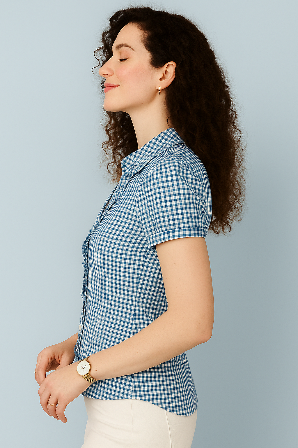 Gingham Button-Down Fitted Blouse with Short Sleeves
