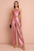 Pink Metallic Crop Top Paired With Pink Metallic Trouser