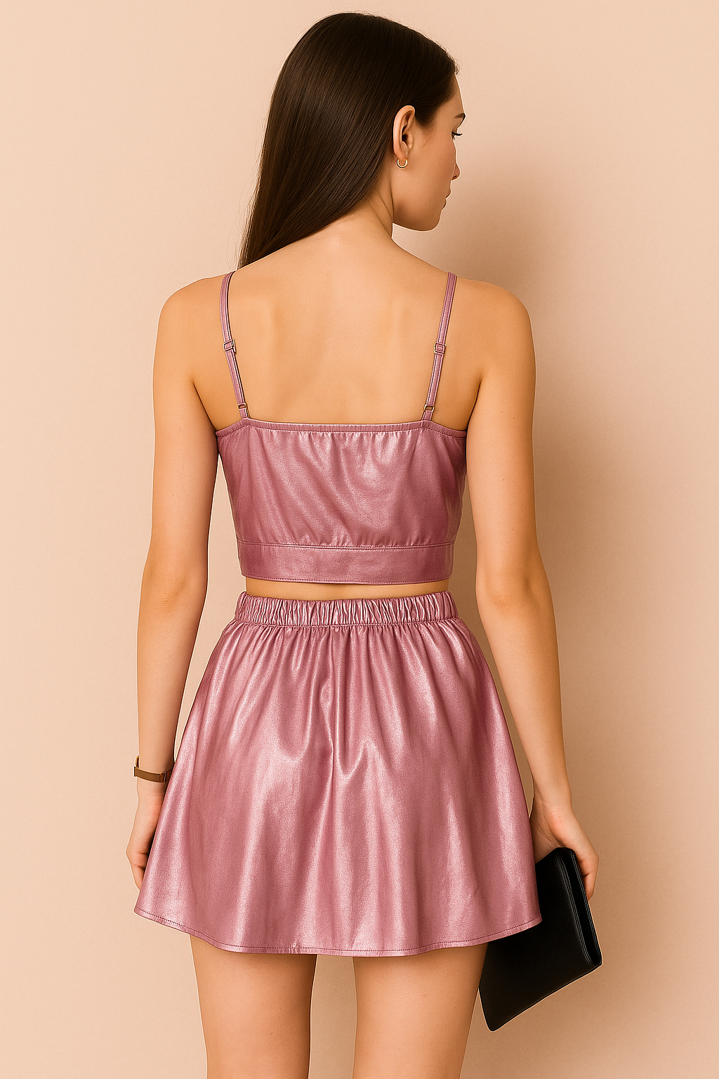 Pink Metallic Crop Top Paired With Pleated Mini Skirt Set