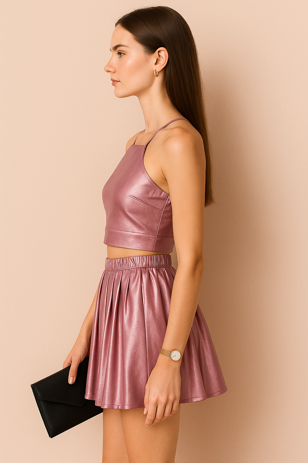 Pink Metallic Crop Top Paired With Pleated Mini Skirt Set
