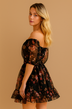 Autumn Bloom Off-Shoulder Floral Mini Dress