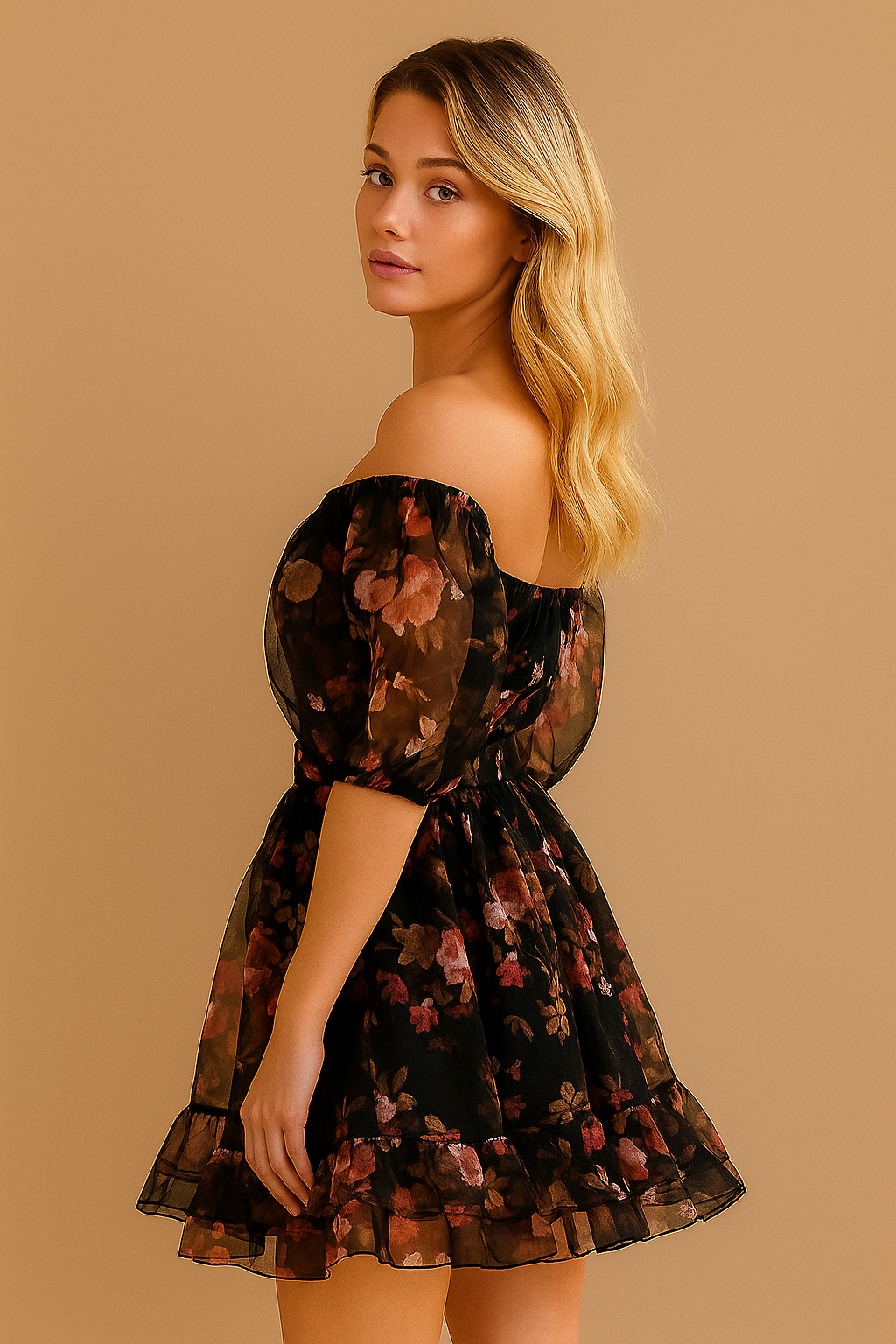 Autumn Bloom Off-Shoulder Floral Mini Dress