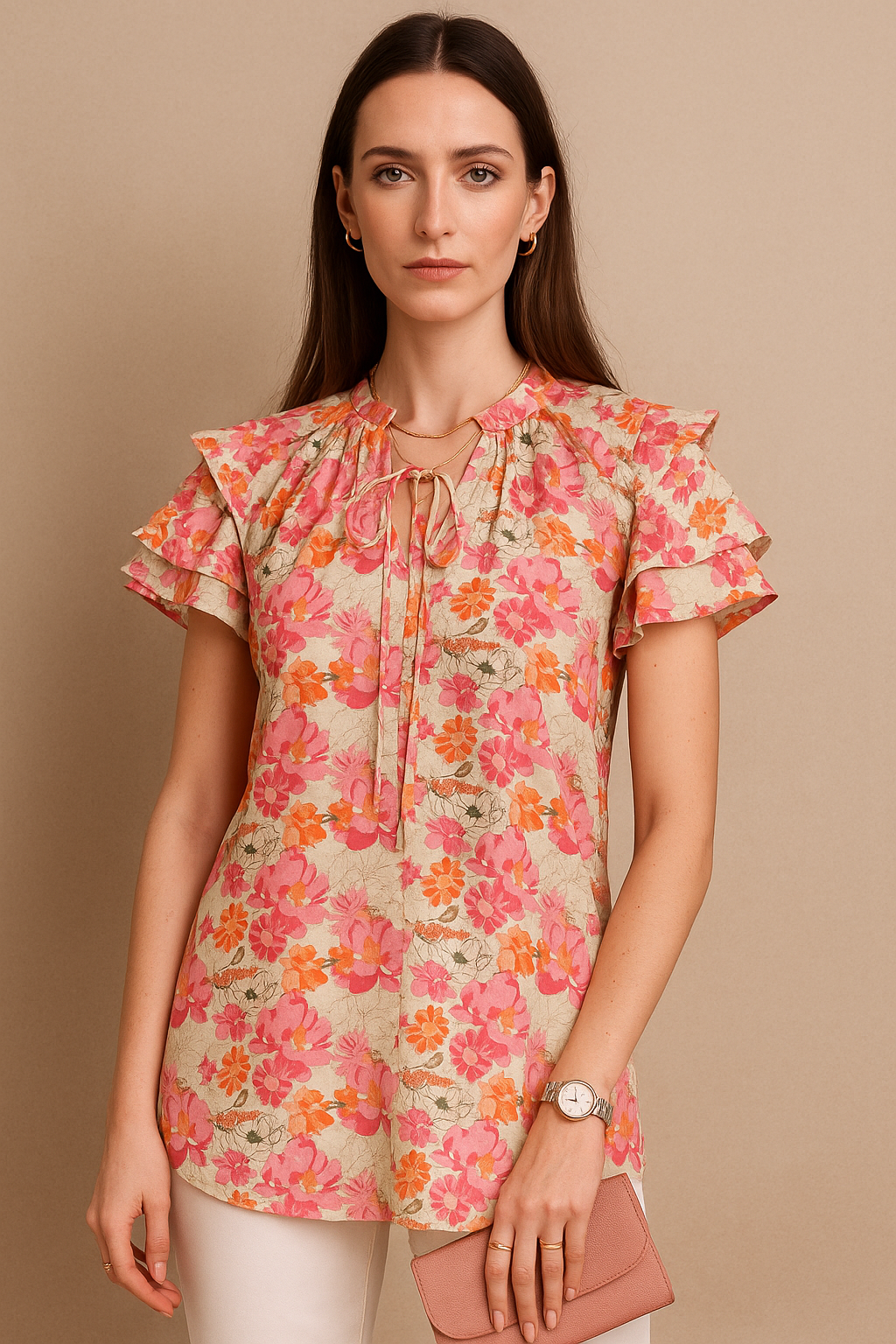 Floral Print Ruffle Sleeve Tie-Up Top