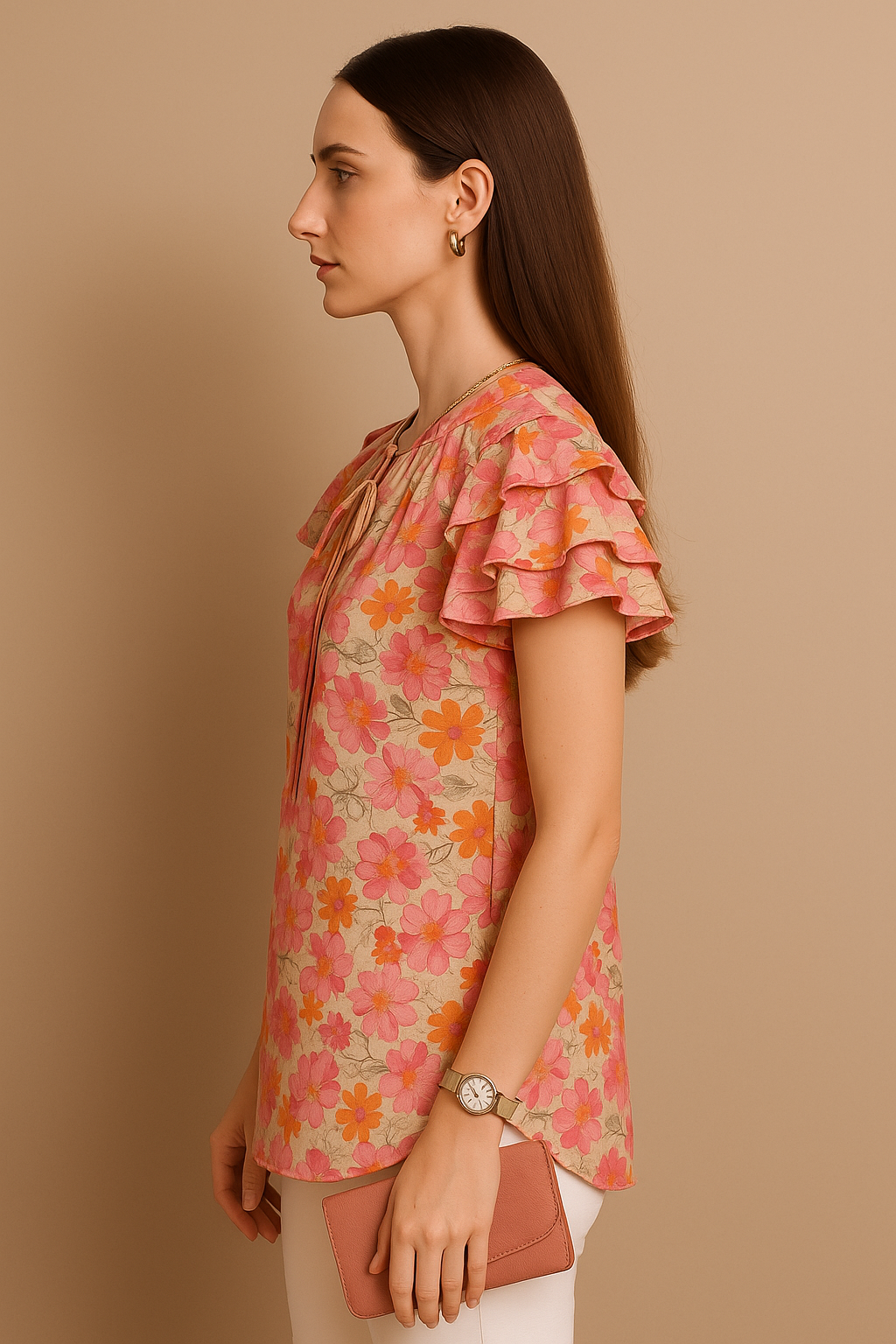 Floral Print Ruffle Sleeve Tie-Up Top