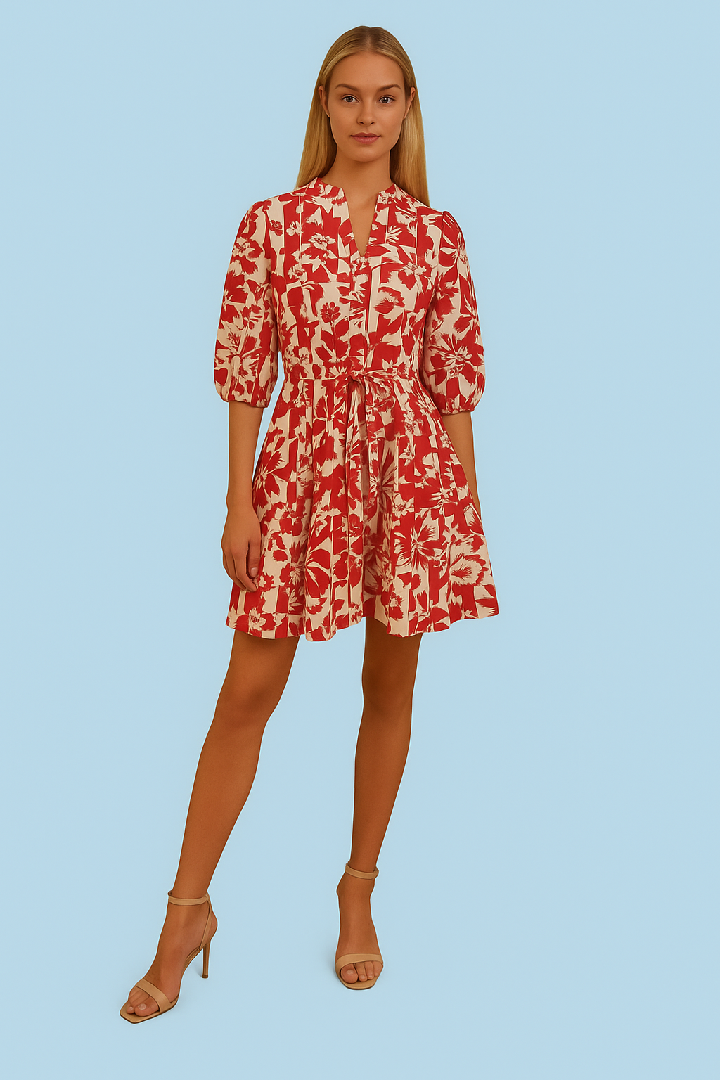 Floral Print V-Neck Belted Mini Dress