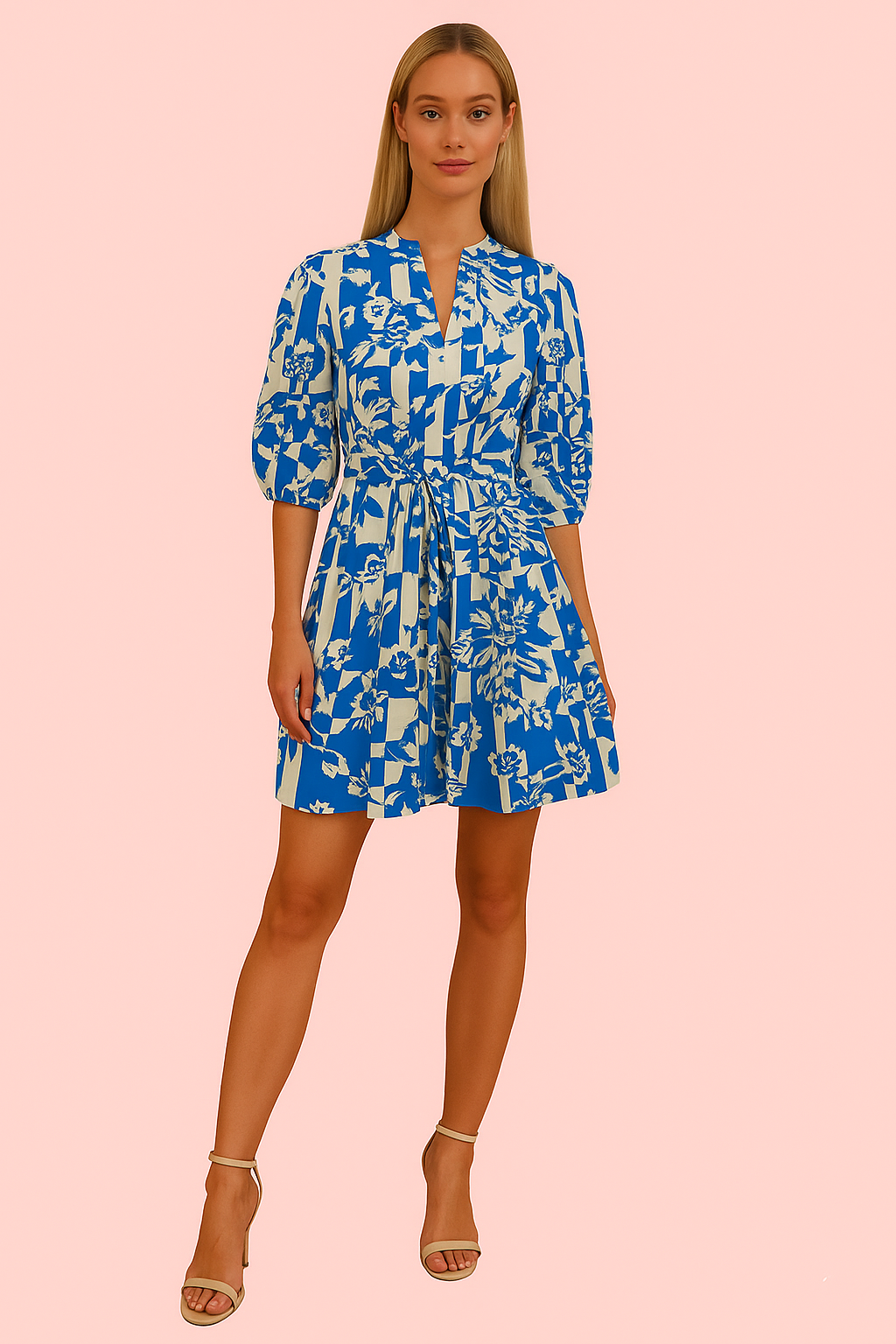 Floral Print V-Neck Belted Mini Dress