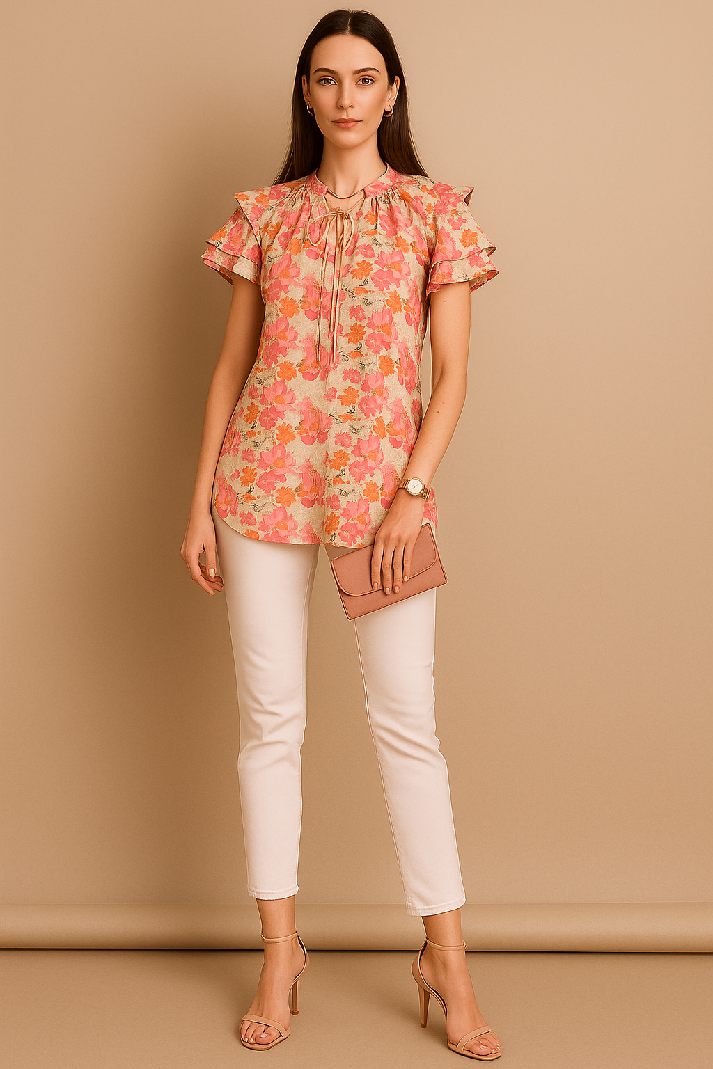 Floral Print Ruffle Sleeve Tie-Up Top