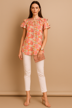 Floral Print Ruffle Sleeve Tie-Up Top