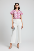 Floral Print Ruffle Sleeve Tie-Up Top