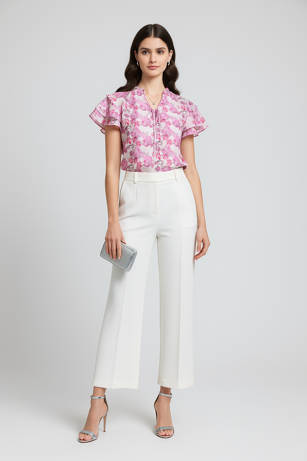 Floral Print Ruffle Sleeve Tie-Up Top