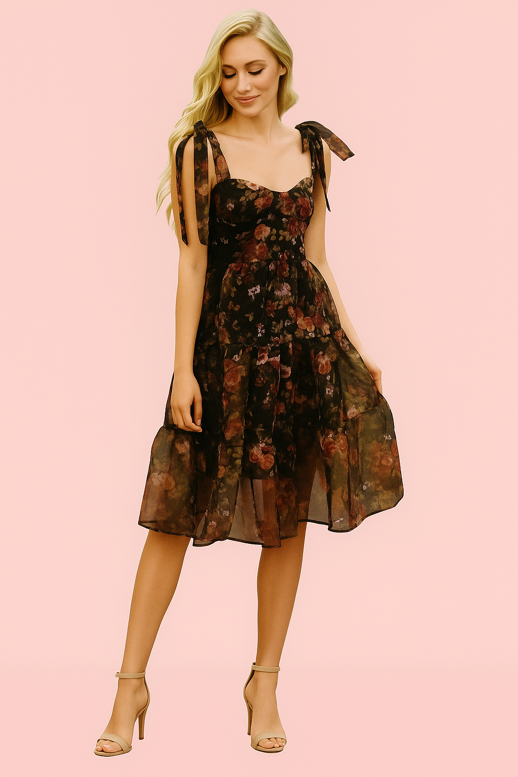 Floral Tiered Midi Dress with Tie Shoulder Straps