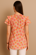 Floral Print Ruffle Sleeve Tie-Up Top