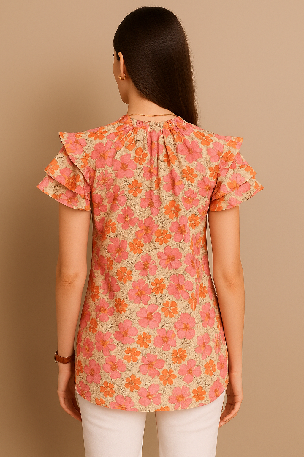 Floral Print Ruffle Sleeve Tie-Up Top