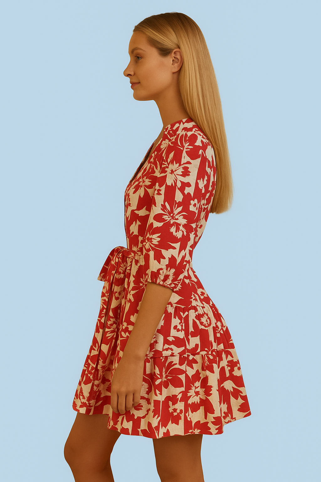 Floral Print V-Neck Belted Mini Dress