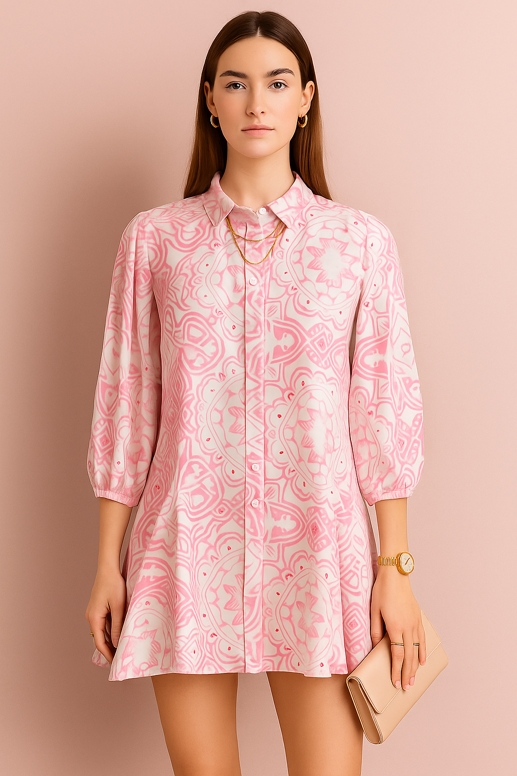 Mandala Print Flared Tunic with Three-Quarter Sleeves