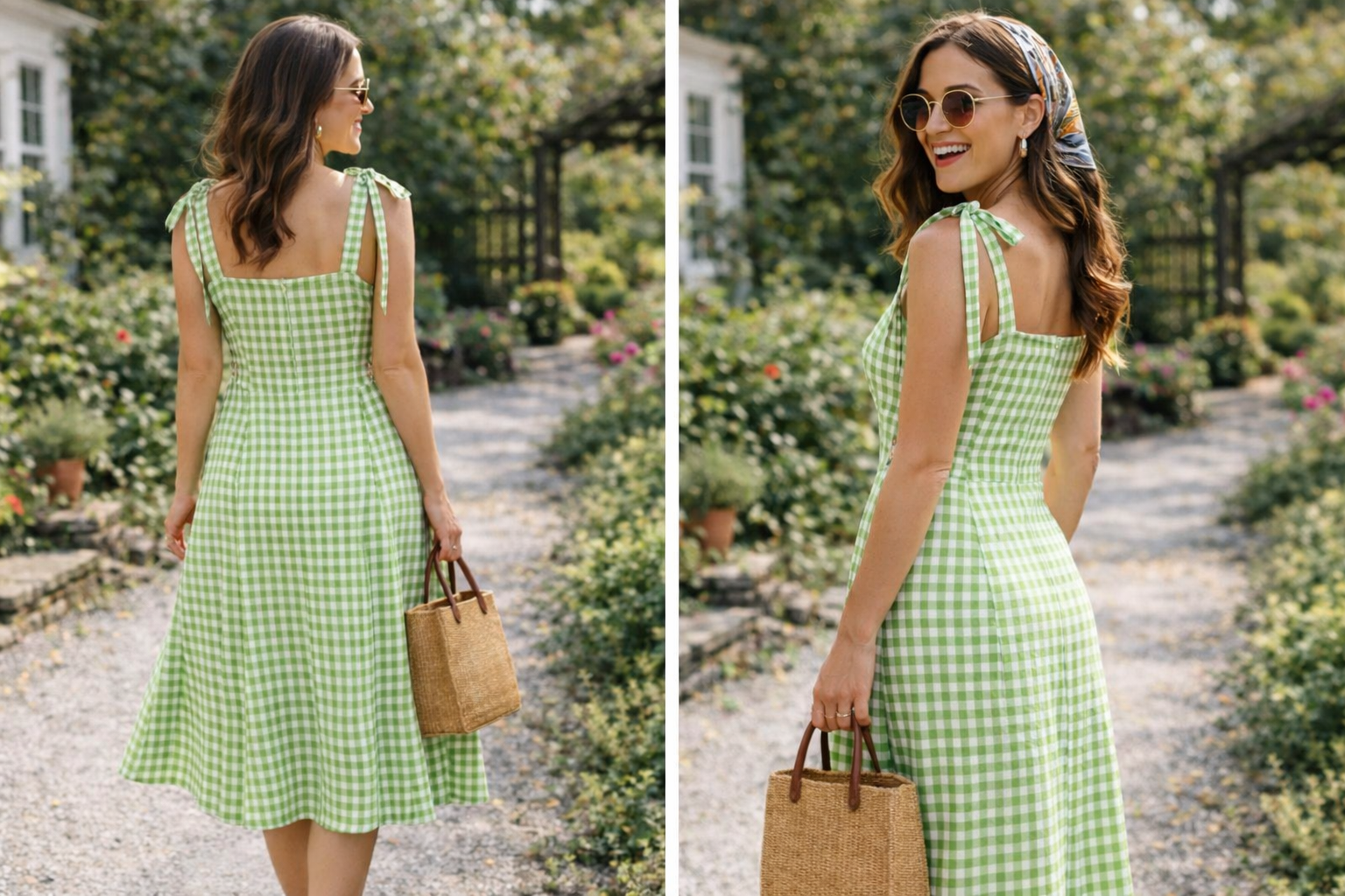 Green & White Gingham Cotton Button-Down Midi Dress