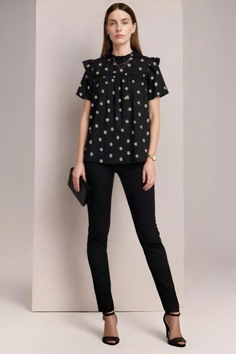 Ruffle Sleeve Top with Daisy Print and Shirred Neckline