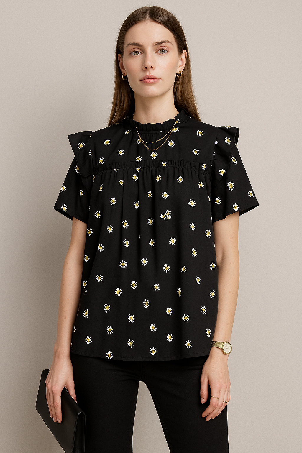 Ruffle Sleeve Top with Daisy Print and Shirred Neckline