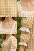 Buttercup Gingham Lace-Trim Cottage Midi Dress