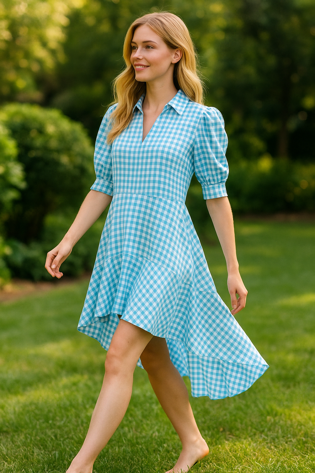 Women Blue Gingham Check Dress