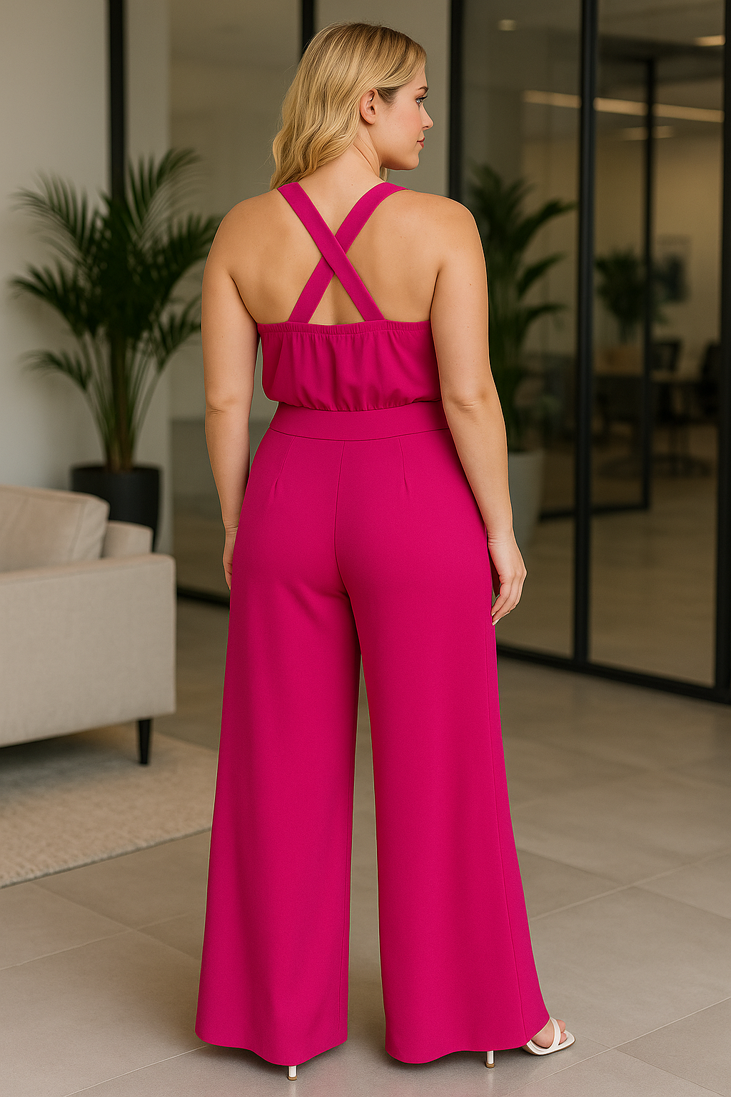 Fuchsia Halter Neck Wide-Leg Jumpsuit for Women