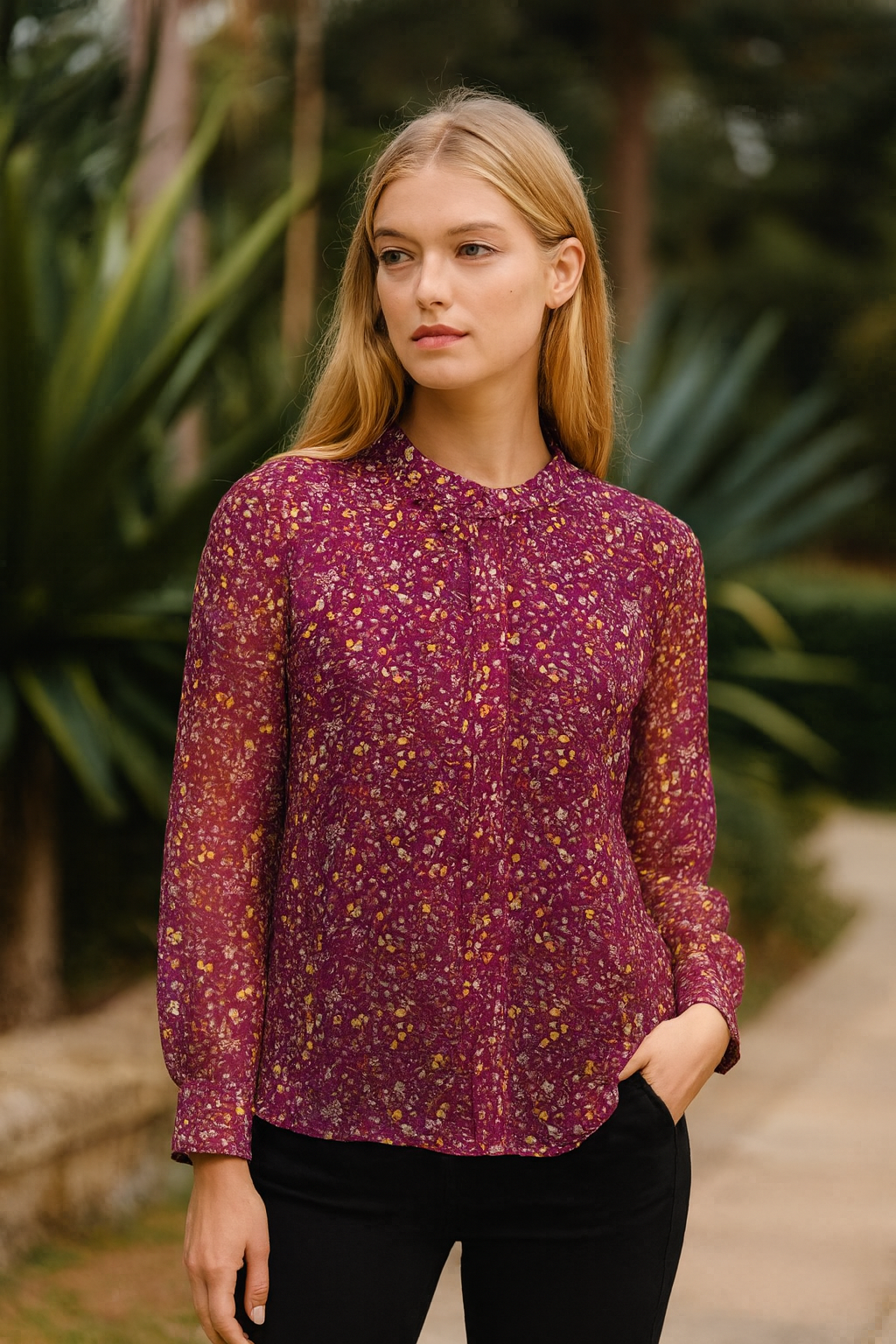 La Estiloso Maroon Floral Print Sheer Workwear Top
