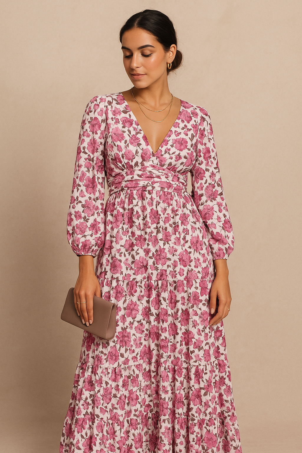 Roseate Bloom Print V-Neck Long Maxi Dress