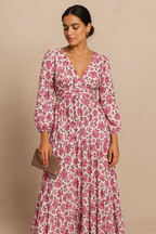 Roseate Bloom Print V-Neck Long Maxi Dress