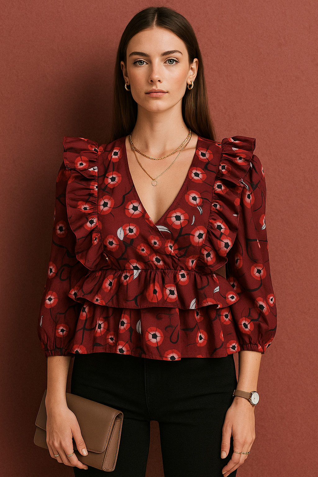 Emerald Green Floral Printed Crepe Peplum Top with Ruffled Shoulders and Three Quarter Sleeves