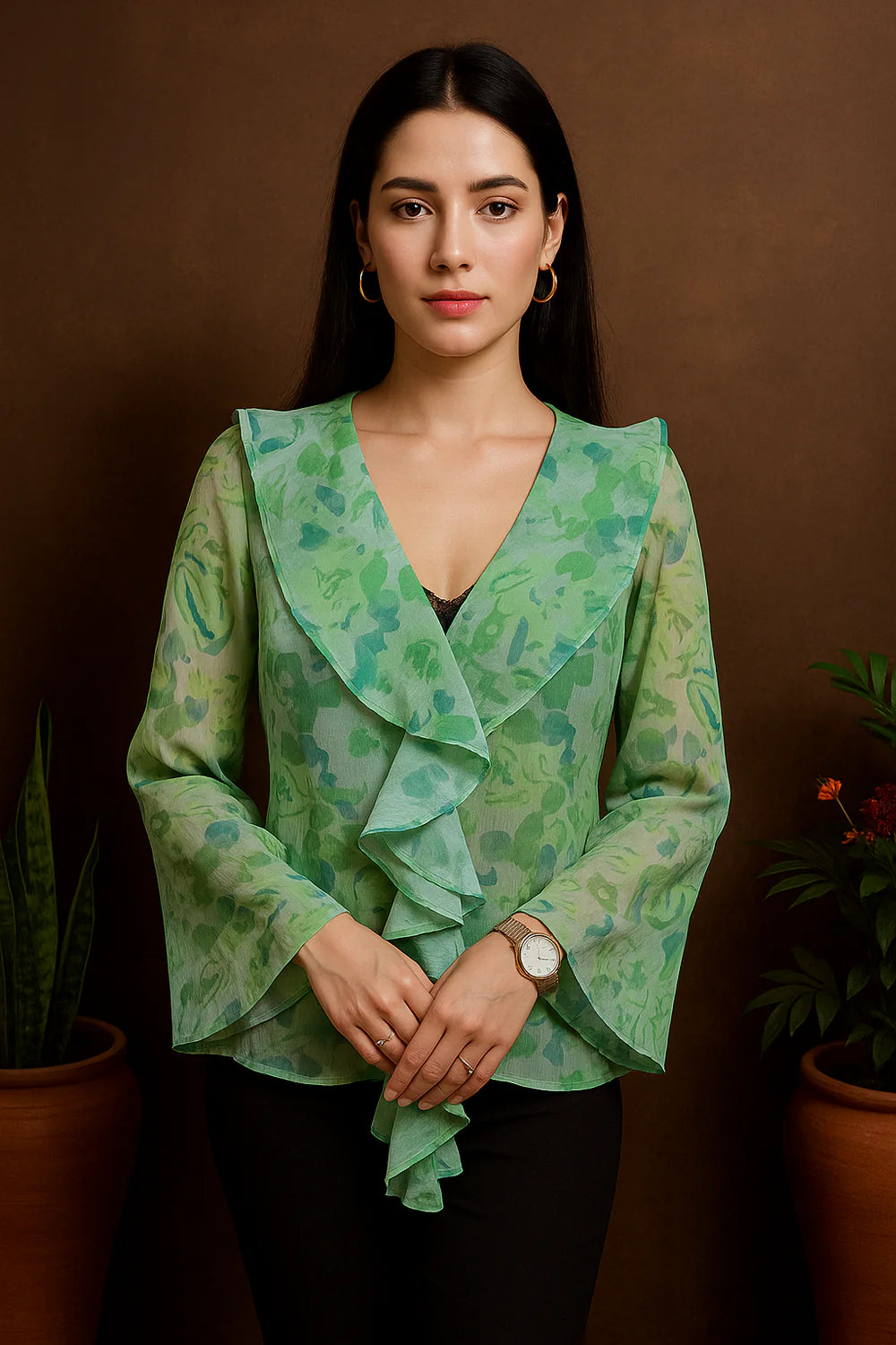 Floral Chiffon Top with Long Sleeves Ruffle Front and Tie Neckline