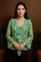 Floral Chiffon Top with Long Sleeves Ruffle Front and Tie Neckline