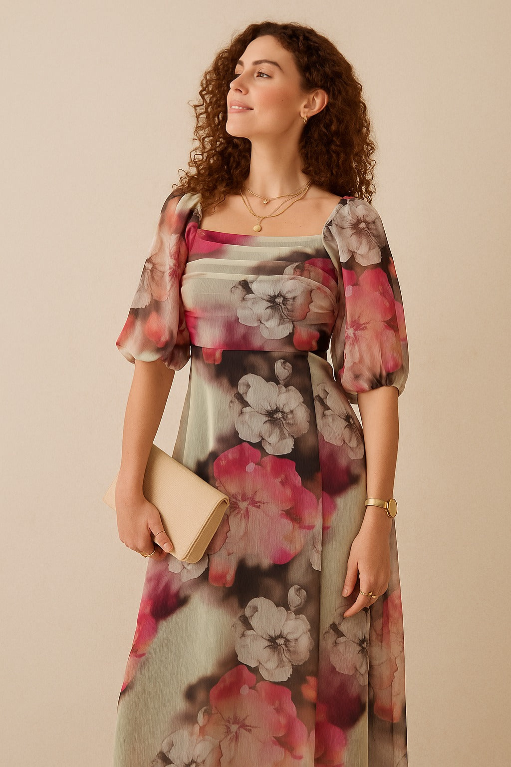Muted Green Floral Square Neck Midi Dress