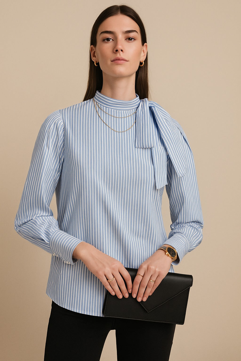 Light Blue Striped Bow Shoulder Long Sleeve Top