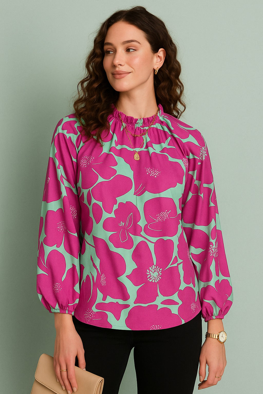 Fuchsia Garden Ruffle Neck Top