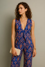 Blue & Tangerine V-Neck Printed Jumpsuit