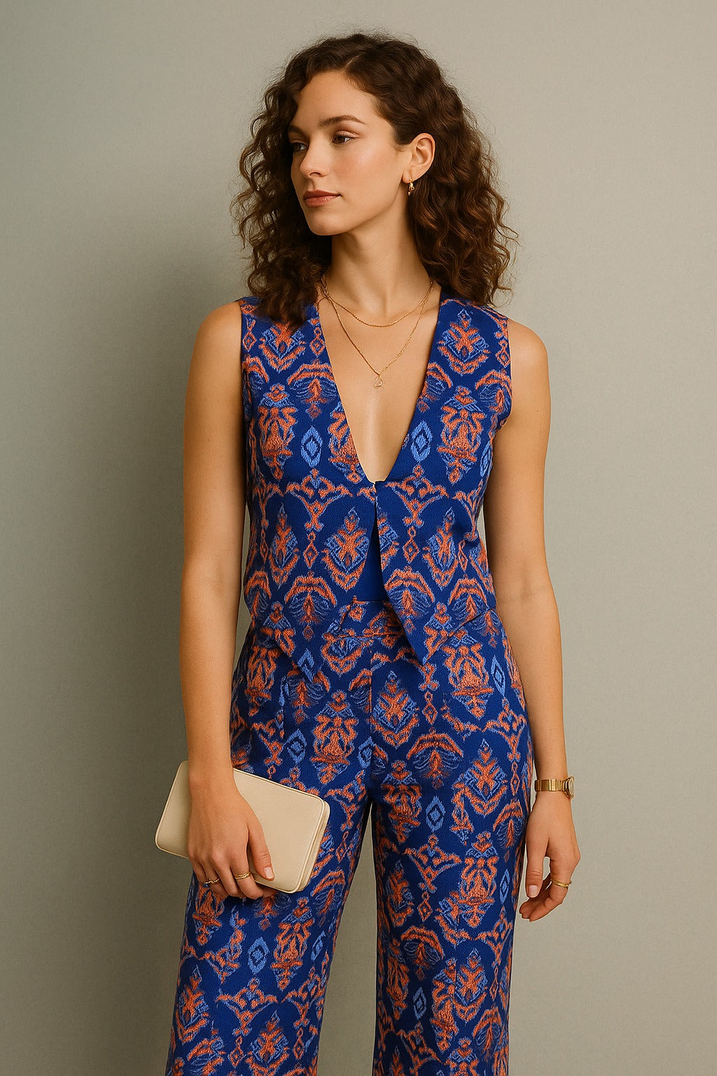Blue & Tangerine V-Neck Printed Jumpsuit
